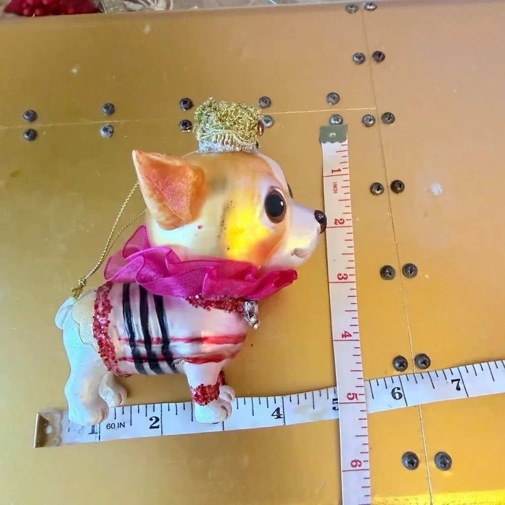 Hand Blown Chihuahua Dog Figurine with Crown and Pink Collar